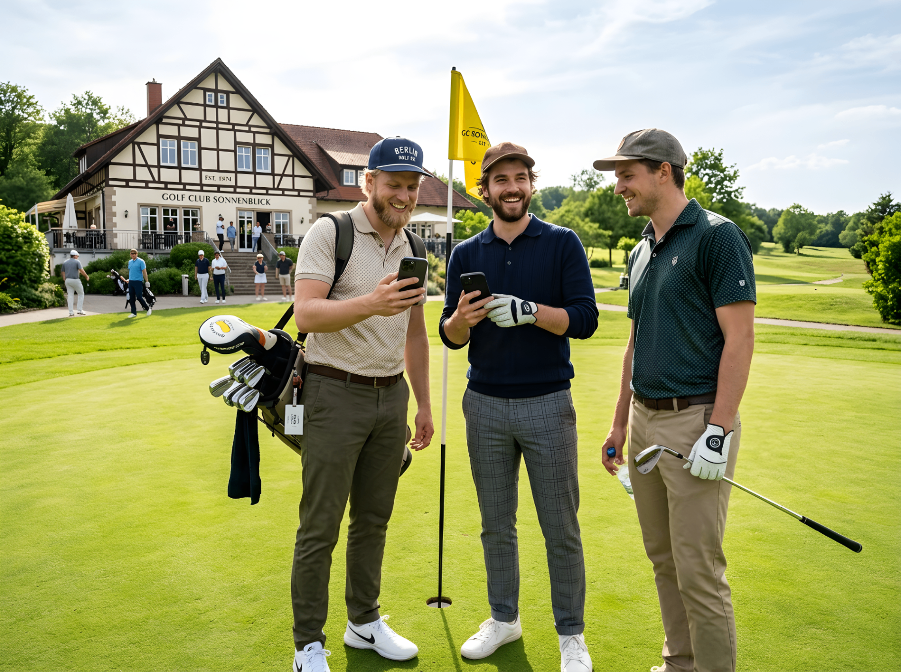 Drei Golfer mit Smartphones auf dem Grün vor dem Clubhaus – SPL Spieler-Account
